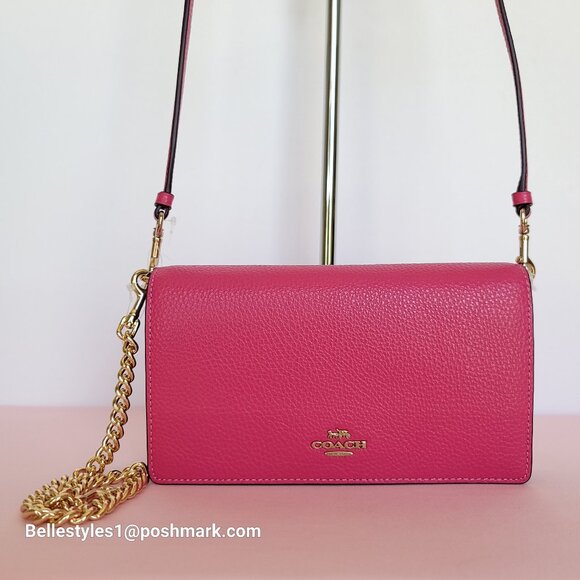 COACH Anna Pebbled Leather Fold-over Clutch Crossbody With Chain- Bold Pink ⭐ - Picture 6 of 16